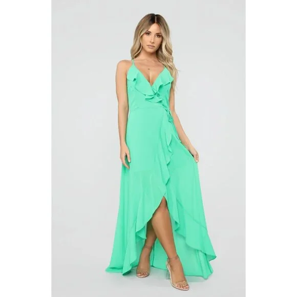 fashion nova green formal dresses Asymmetrical Cut Out Long Sleeve One Shoulder, Glitter Dilemma Ombre Gown in Green, Size S,